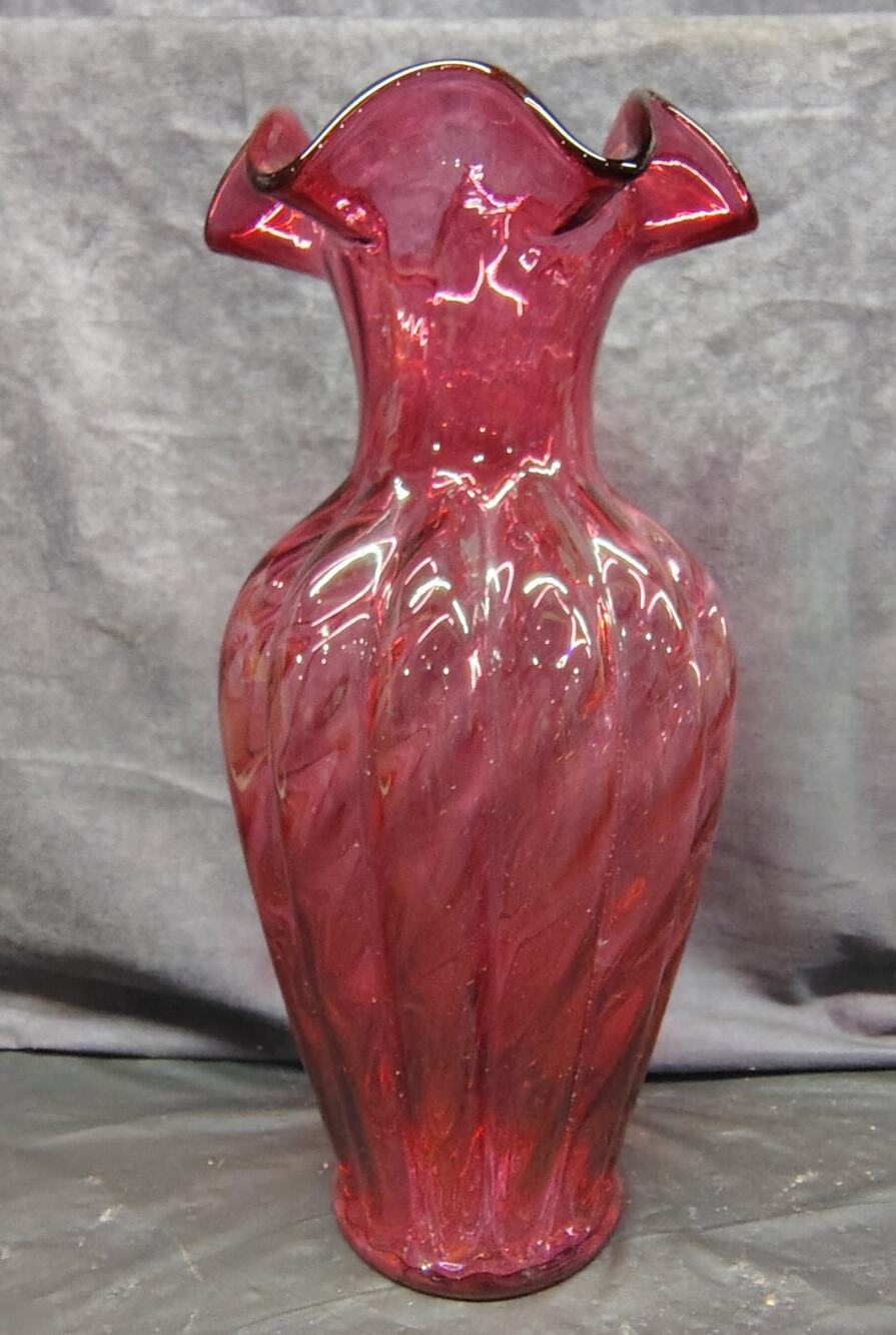 Fenton Cranberry Pink Ruffle Top Vase 11” Tall UV REACTIVE